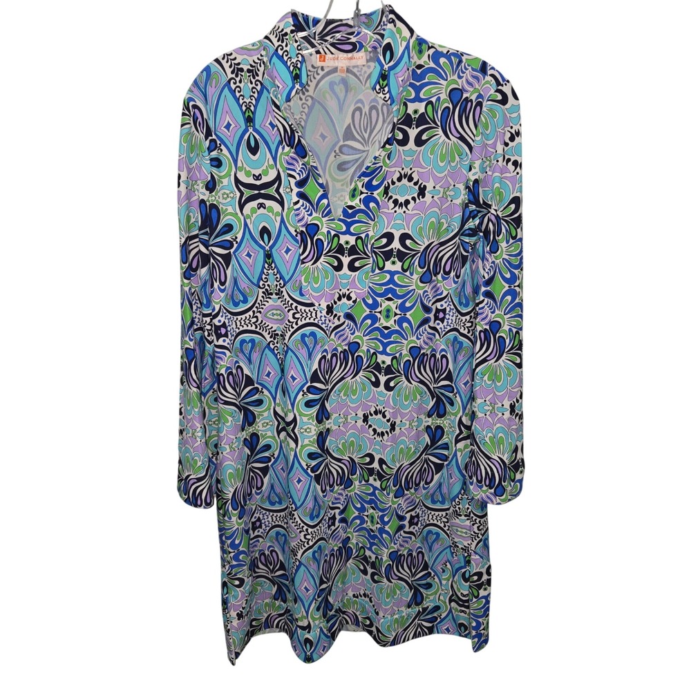 Jude Connally Blue Purple Paisley Print Long Sleeve Split Neck Dress Size M